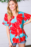 Teal & Cherry Red Floral Print V Neck Top