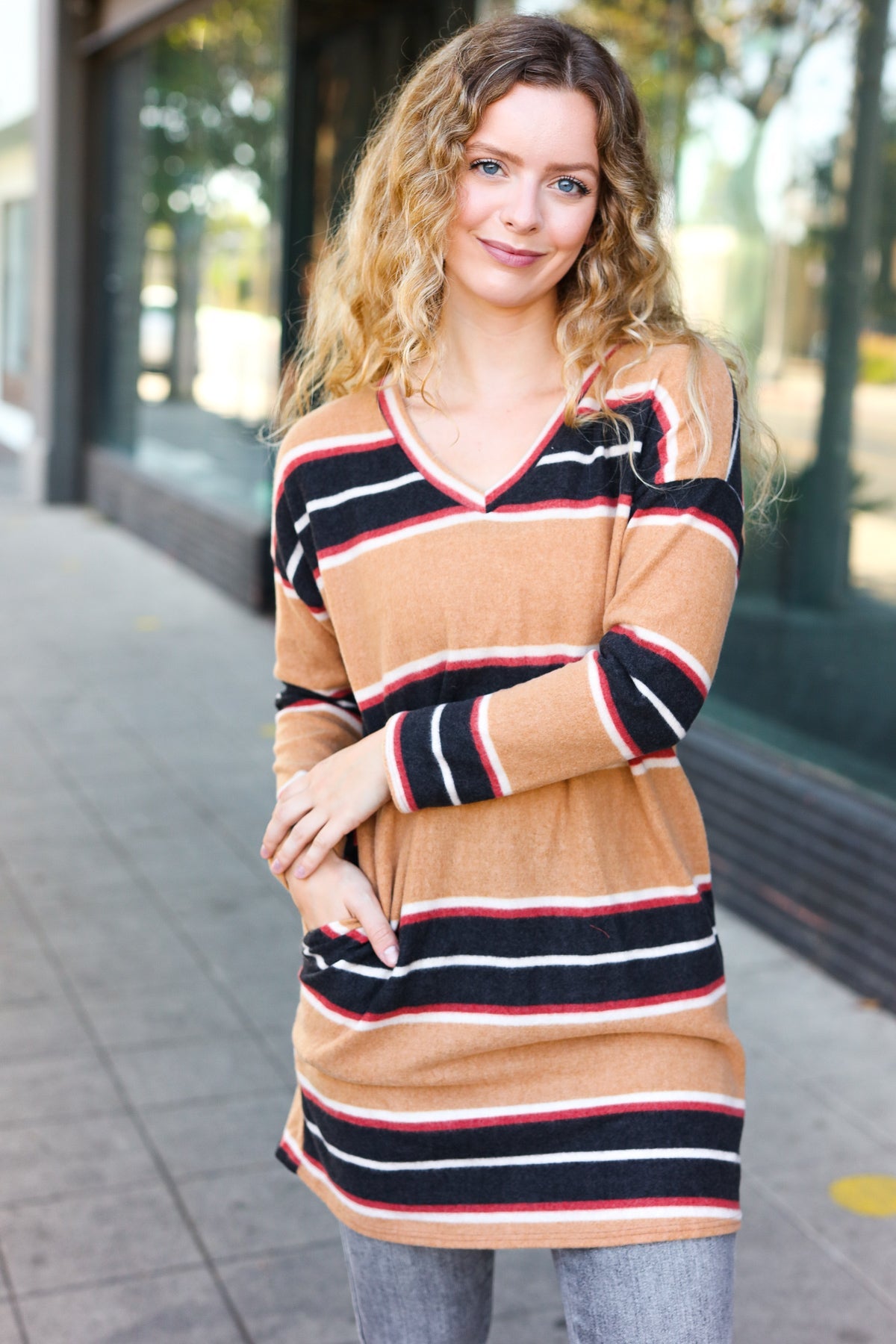 Casual Chic Taupe Hacci Stripe Pocketed Tunic/Dress