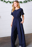 Dark Blue Smocked Waist Notch Neck Crepe Jumpsuit
