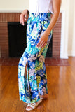Tropical Boho Smocked Waist Side Slit Palazzo Pants