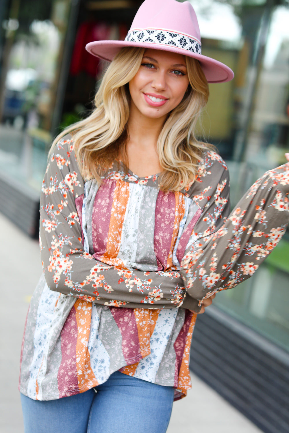 Sage Floral V Neck Yoke Bubble Sleeve Top