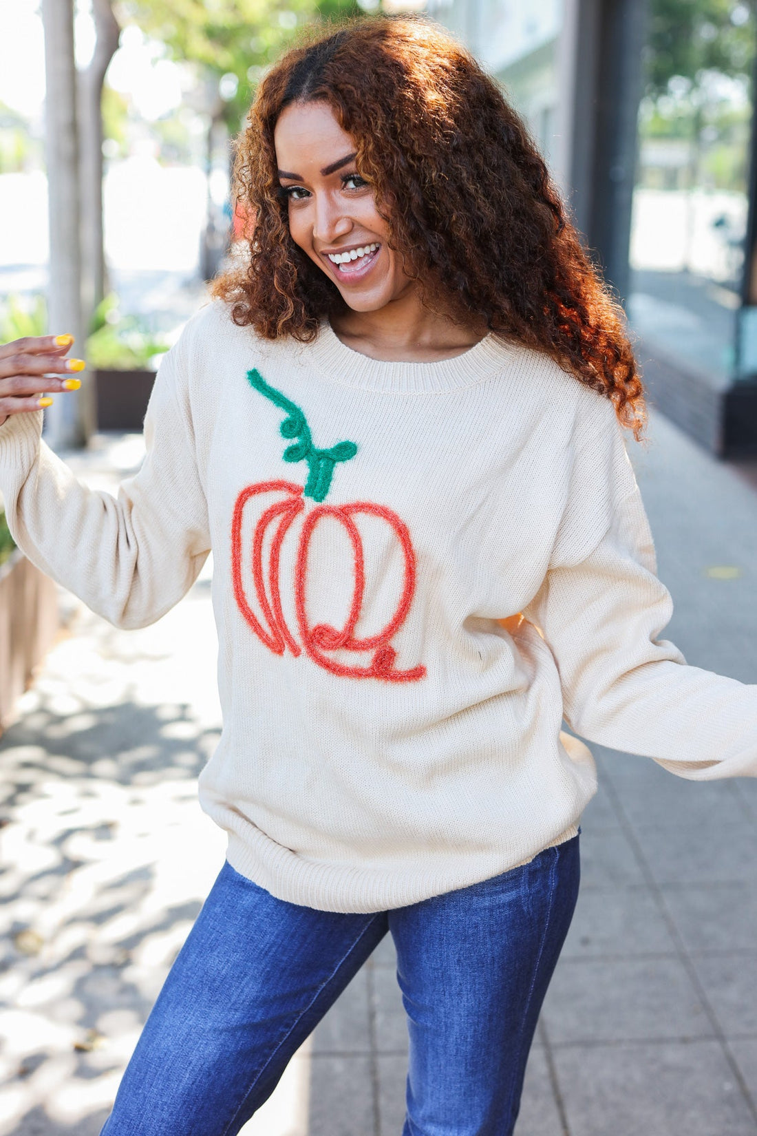 Pumpkin Spice Metallic Yarn Embroidered Oversized Sweater