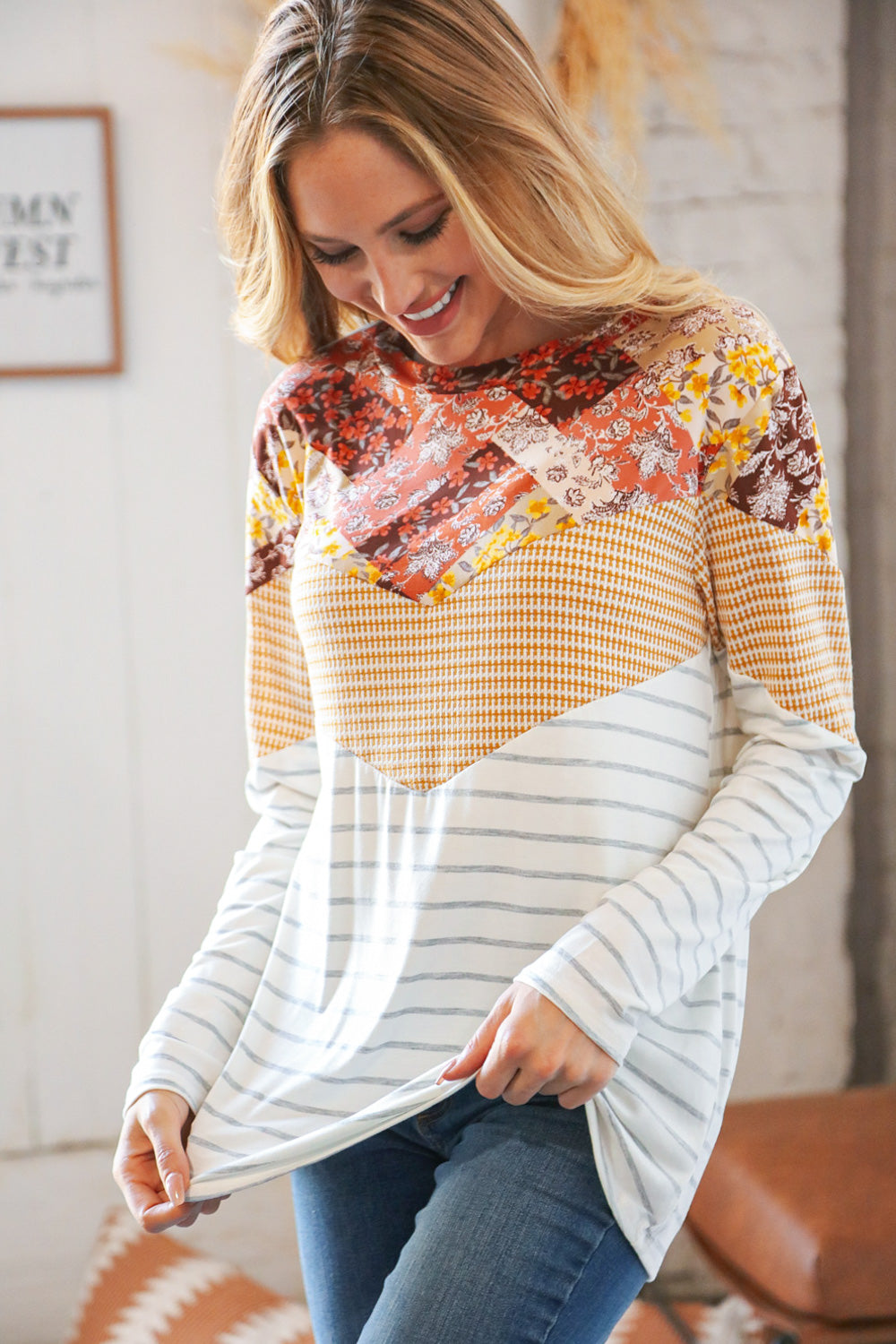 Mustard Two-Tone Chevron Stripe & Floral Patchwork Top