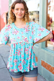 Sky Blue Three-Quarter Sleeve Floral Peplum Babydoll Top