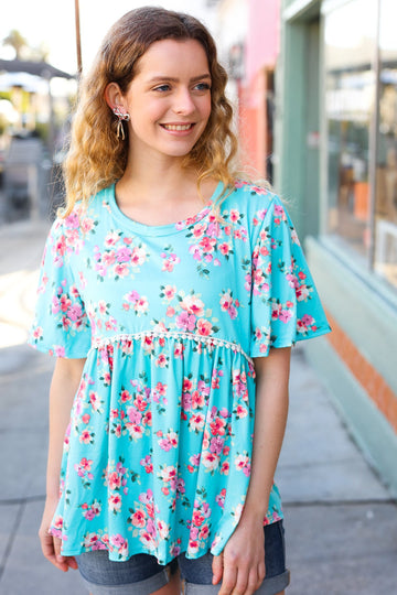 Sky Blue Three-Quarter Sleeve Floral Peplum Babydoll Top