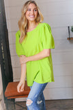 Neon Green Round Neck Puff Sleeve Crepe Top