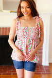 Summer Days Ivory & Fuchsia Floral Smocked Shoulder Tie Top