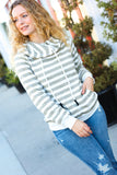 Vintage Olive Striped Cowl Neck Cotton Terry Hoodie