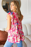 Fuchsia Floral Yoke Flutter Sleeve Back Neck Button Top