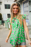 Be Bold Green Animal Print Bow Tie Flutter Sleeve Top