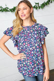 Navy Floral Mock Neck Flutter Sleeve Top