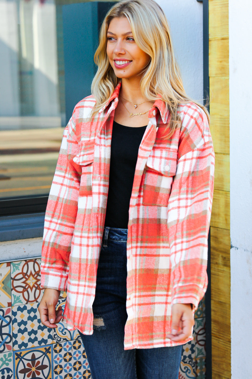 Orange Plaid Flannel Button Down Shacket