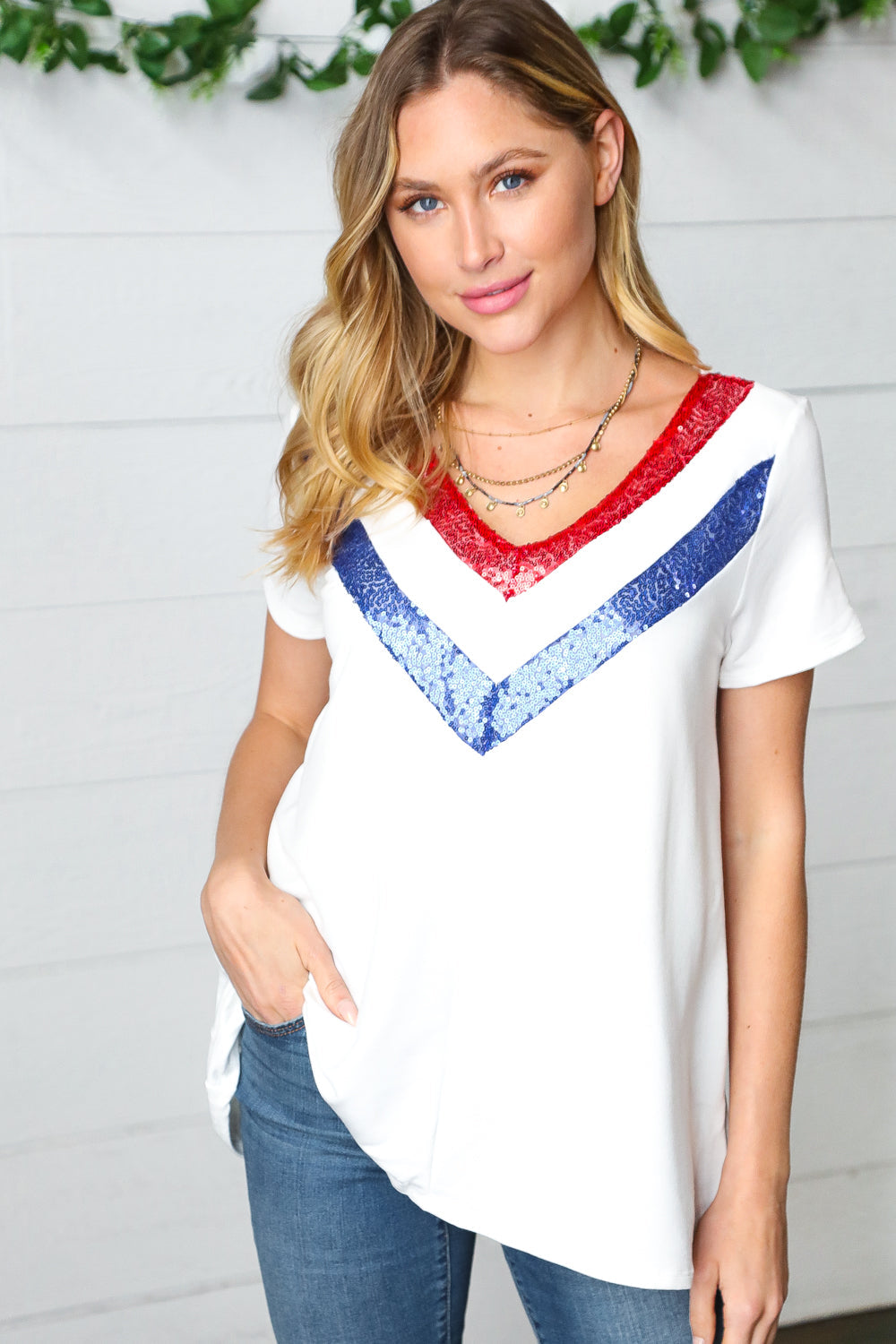 Patriotic Sequin V Neck French Terry Top