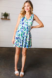 Lovely In Green & Blue Floral Sleeveless Surplice Romper