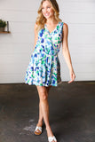 Lovely In Green & Blue Floral Sleeveless Surplice Romper