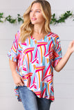 Blue & Fuchsia Geometric Print Woven Top