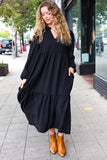 Lock Eyes Black Notched Neck Frill Hem Tiered Maxi Dress