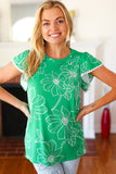 Follow Me Emerald Floral Ric Rac Trim Flutter Sleeve Top