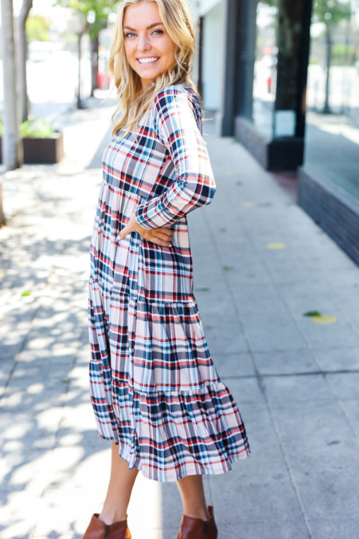 Feeling Joyful Taupe Plaid Notched Neck Tiered Dress