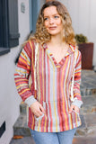 Be Bold Coral & Sienna Stripe Pullover Notched Neck Hoodie