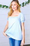 Light Blue Wide Rib Puff Sleeve Top