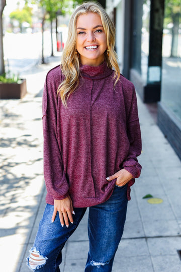 Weekend Ready Burgundy Brushed Mélange Mock Neck Sweater