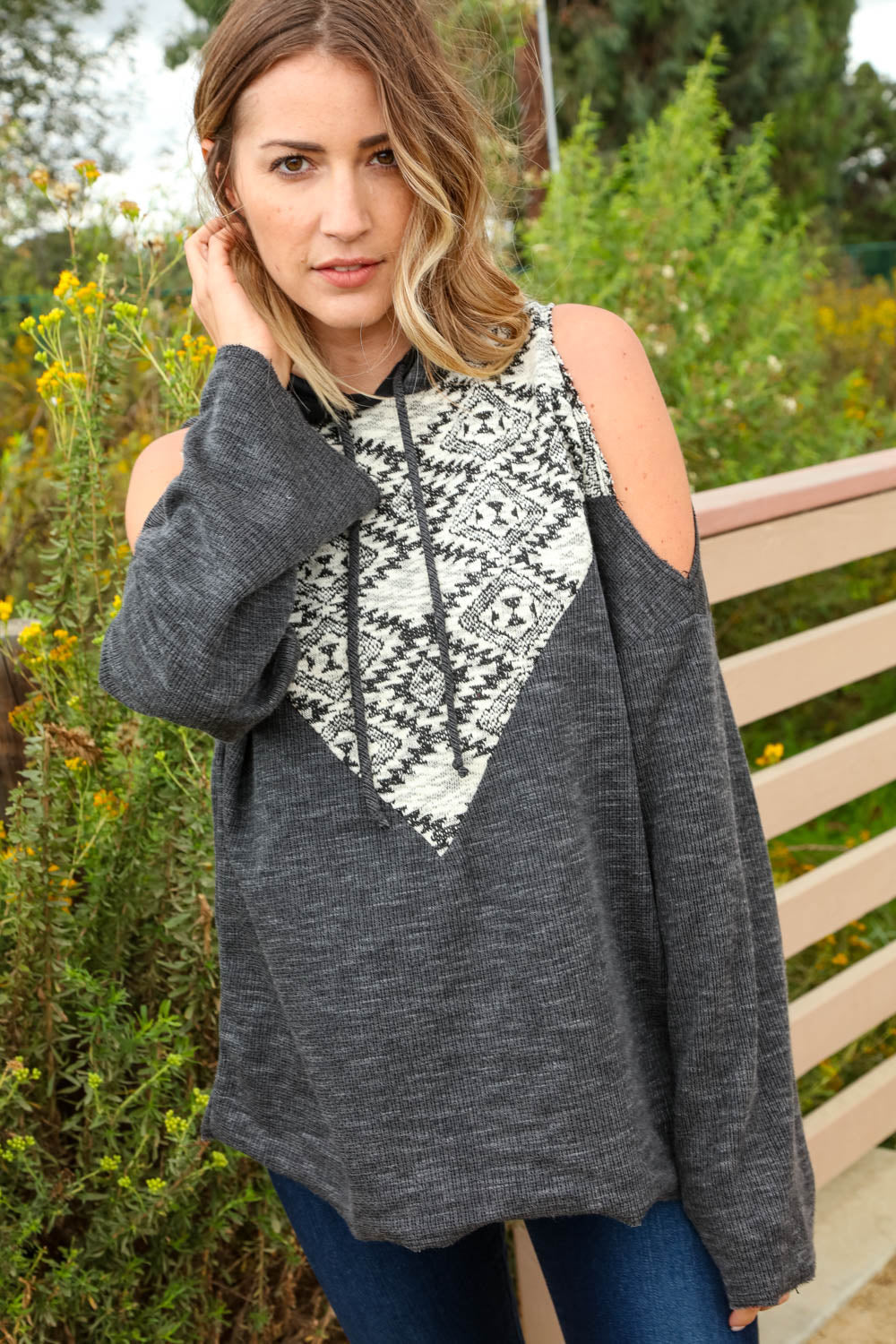 Thermal Triangle Tribal Cold Shoulder Hoodie