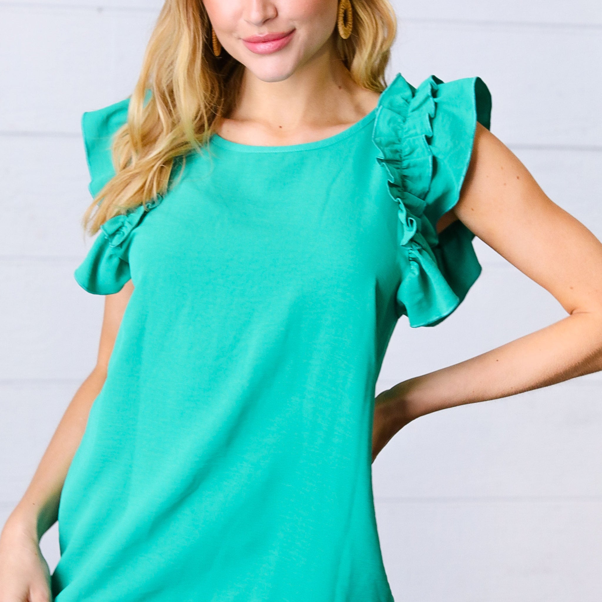 Kelly Green Double Ruffle Sleeve Crinkle Top