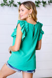 Kelly Green Double Ruffle Sleeve Crinkle Top