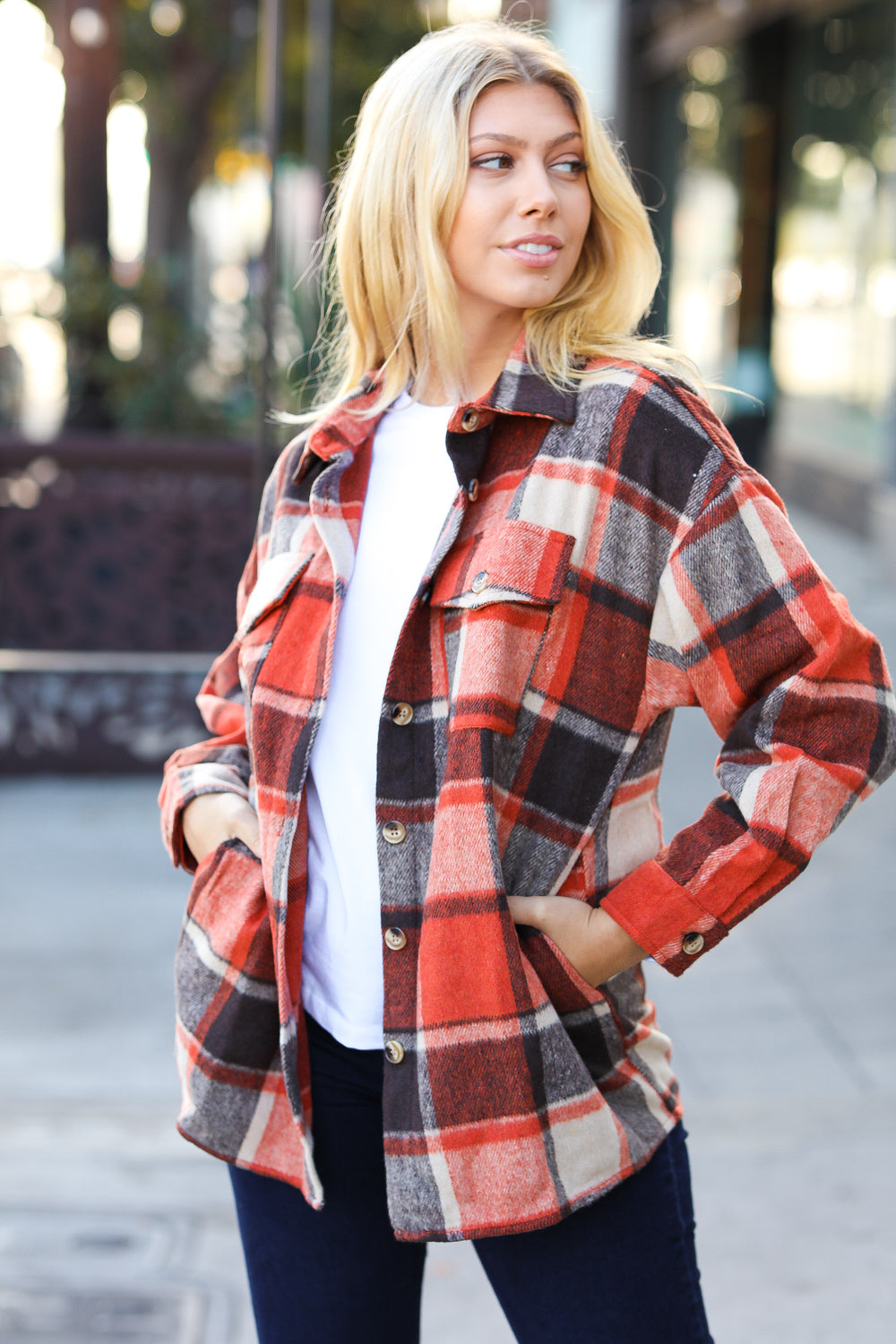 Rust Plaid Flannel Button Down Shacket