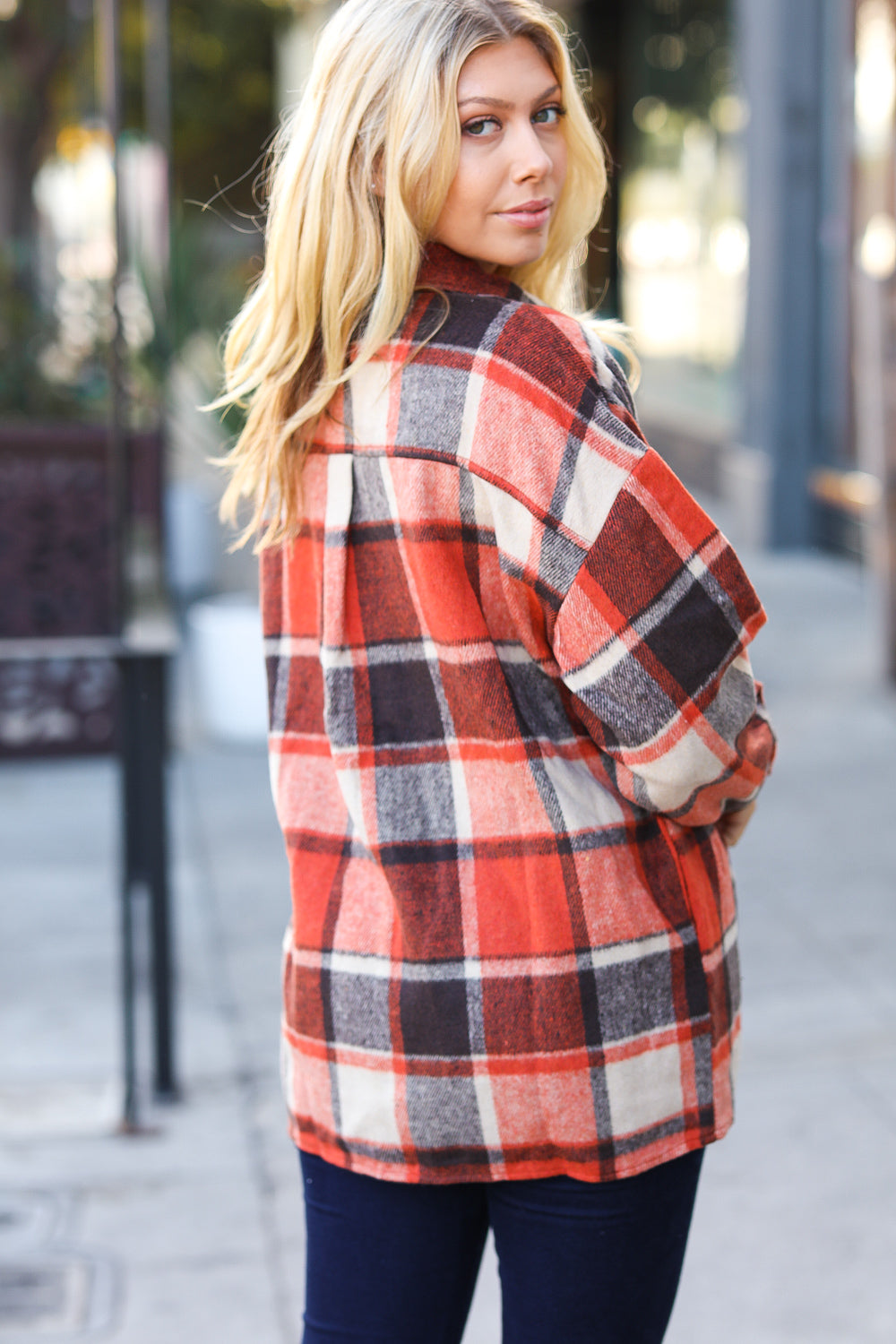 Rust Plaid Flannel Button Down Shacket