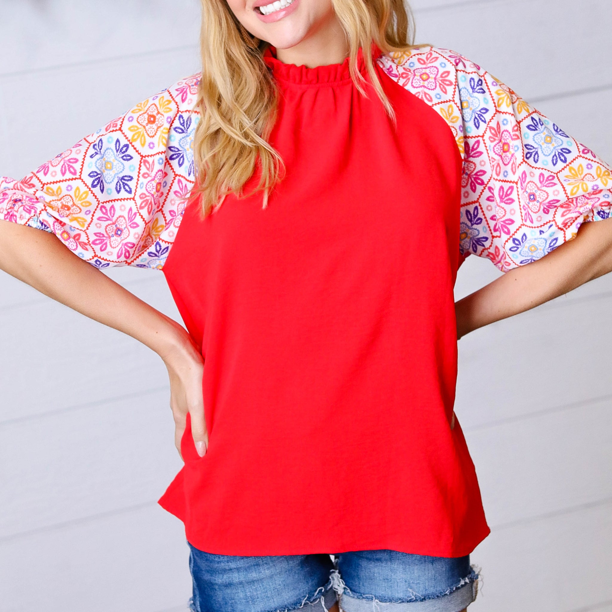 Cardinal Red Frilled Mock Neck Floral Puff Sleeve Top