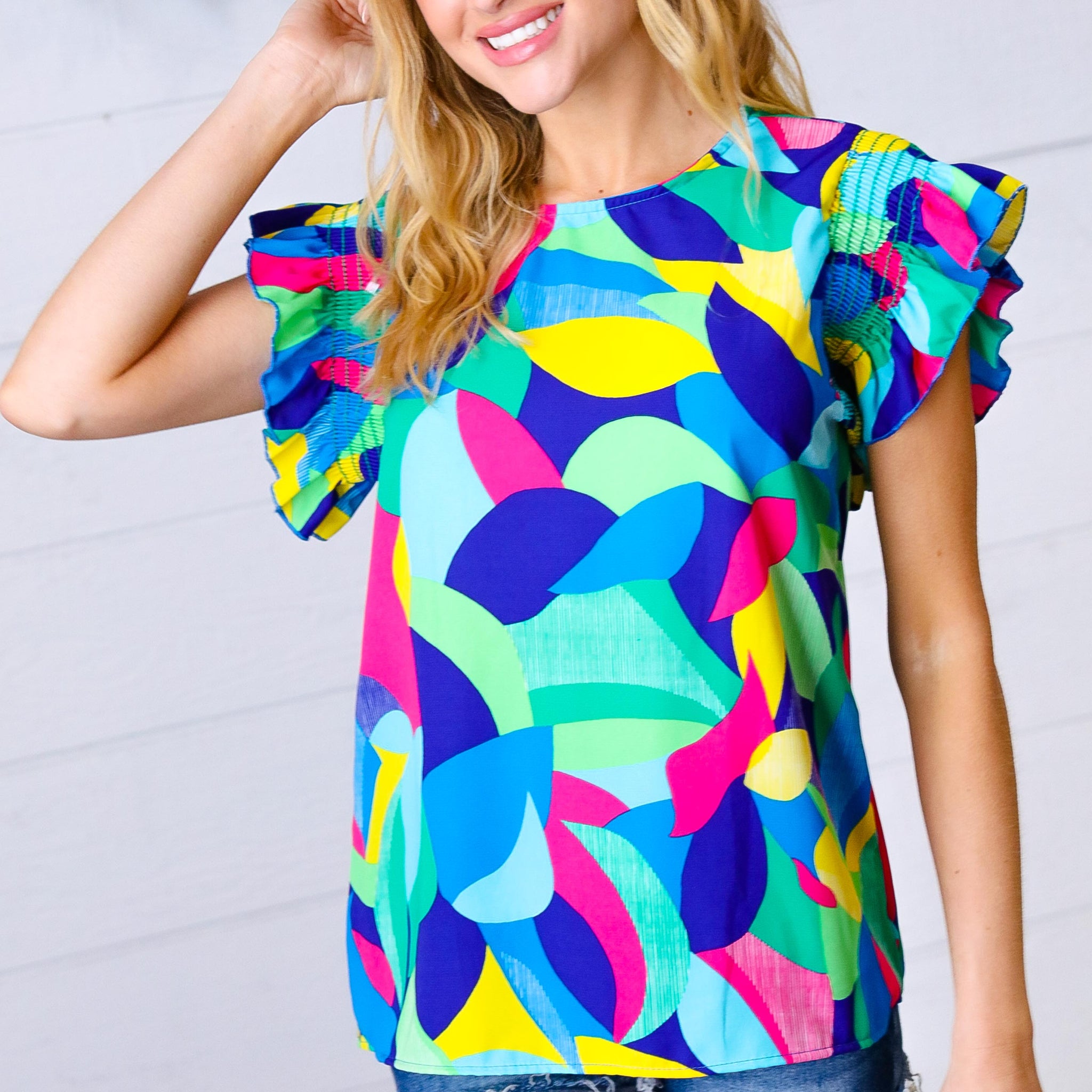 Multicolor Geo Smocked Ruffle Frill Sleeve Top