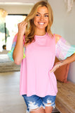 Stand Out Pink Rainbow Sequin Puff Sleeve Top