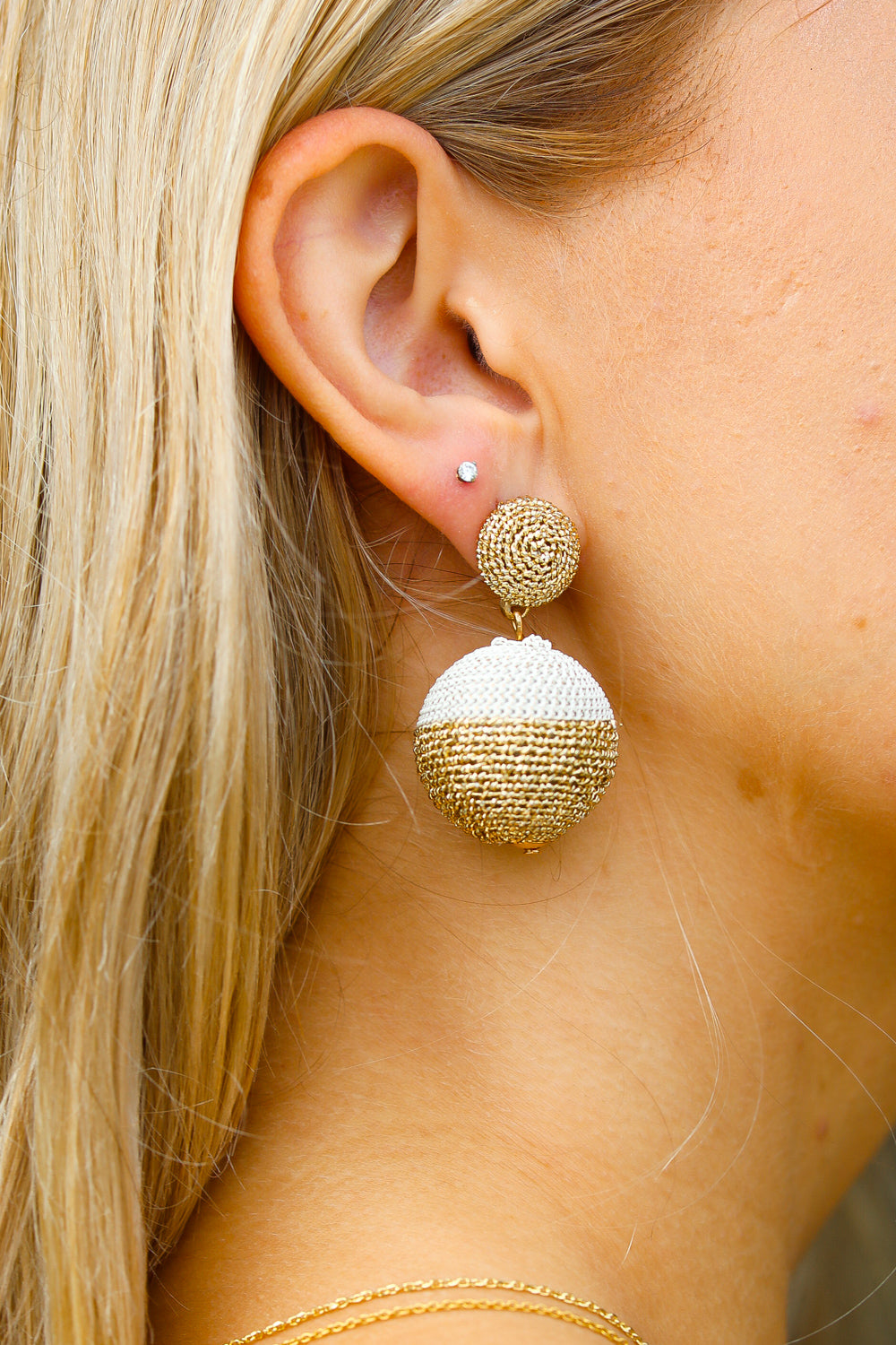 Gold & Ivory Lantern Raffia Dangle Ball Earrings