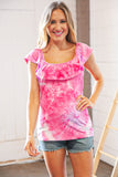 Fuchsia Square Neck Ruffle Tie Dye Tank Top