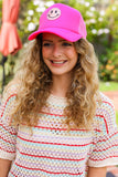 Neon Pink Glitter Smiley Face Mesh Trucker Hat