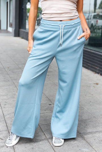 Weekend Ready Blue Grey Scuba Knit Drawstring Wide Leg Pants