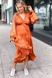 Elegant Rust Elastic V Neck Tiered Satin Maxi Dress