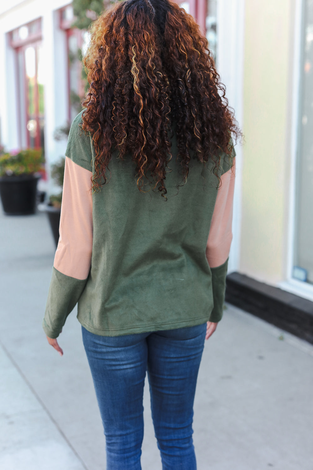 Holiday Vibes Taupe/Green Fleece Zip Up Cinched Hem Pullover