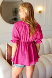 Feeling Strong Fuchsia Textured V Neck Babydoll Top