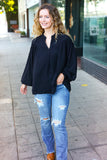 Boho Vibes Black Notched Neck Smocked Bubble Sleeve Top