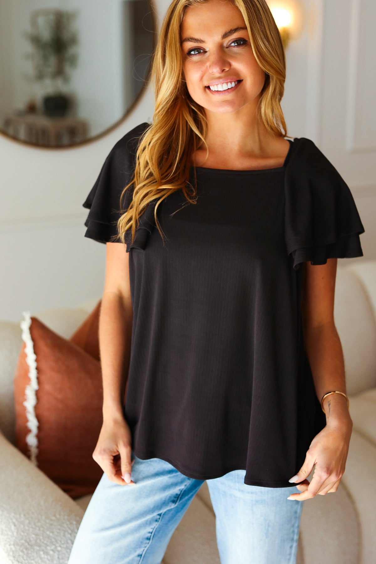 Feel The Love Black Double Ruffle Sleeve Square Neck Ribbed Top