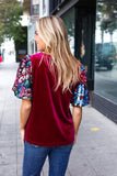 Diva Dreams Wine Floral Sequin Puff Sleeve Velvet Top