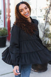 Perfectly You Black Button Down Tiered Babydoll Satin Top