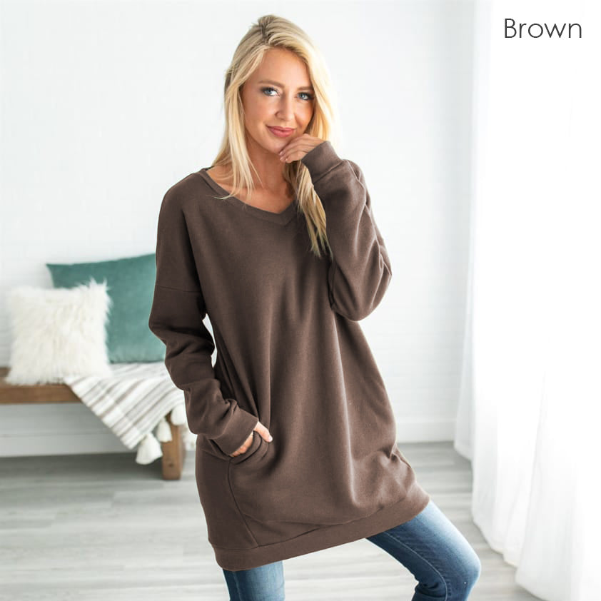 Oversized Loose Fit V-Neck Tunic Sweatshirt