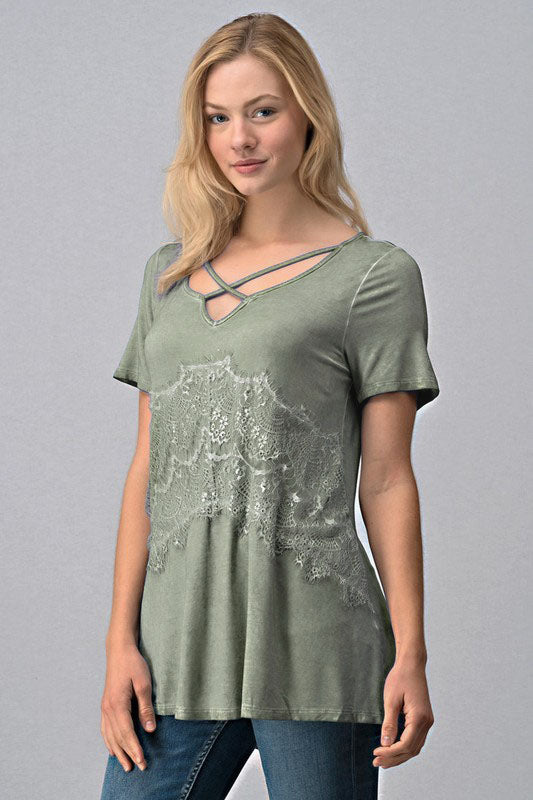 Crisscross Lace Detail Mineral Wash Sage Green Top