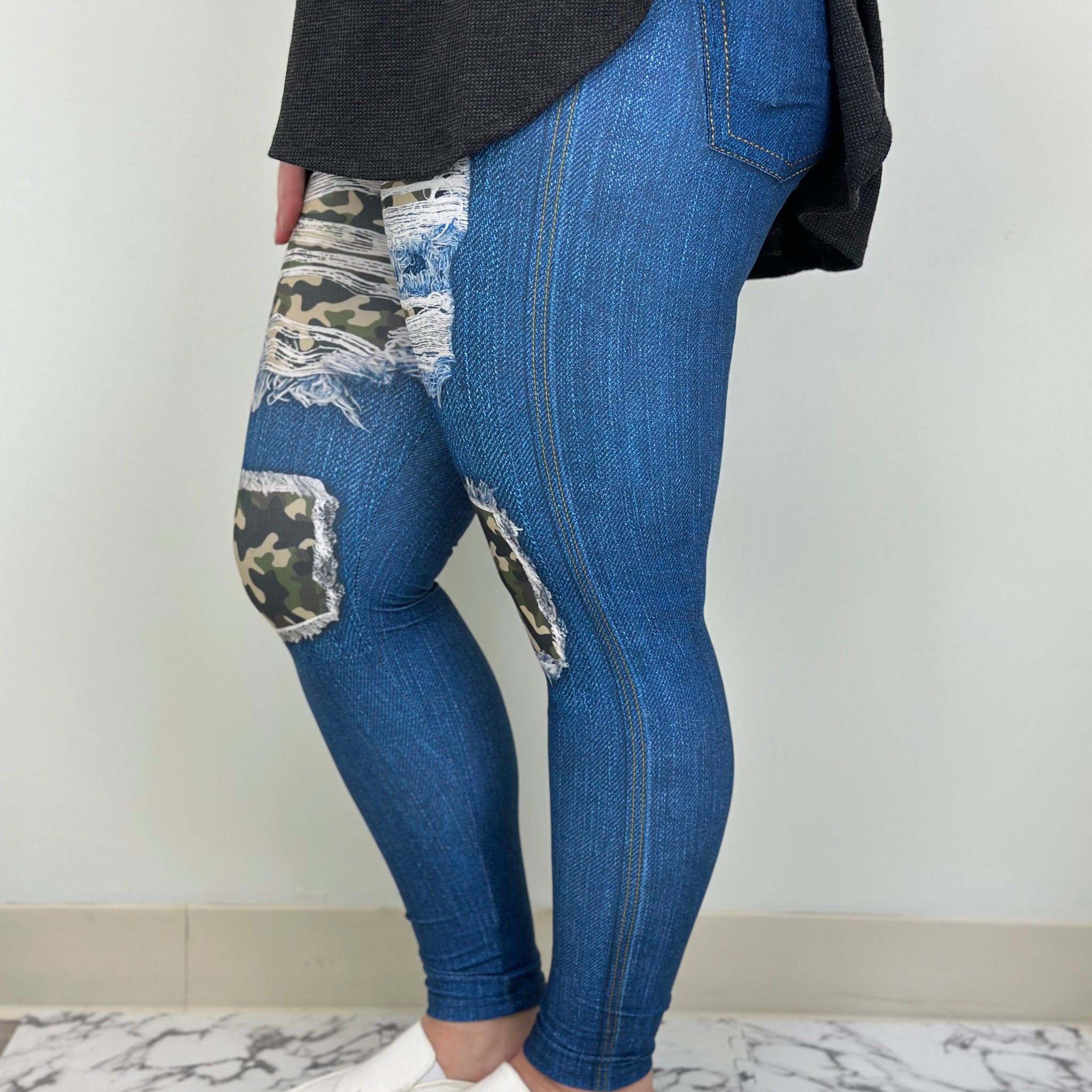 Camo Blue Denim Leggings w/ Butt Pockets