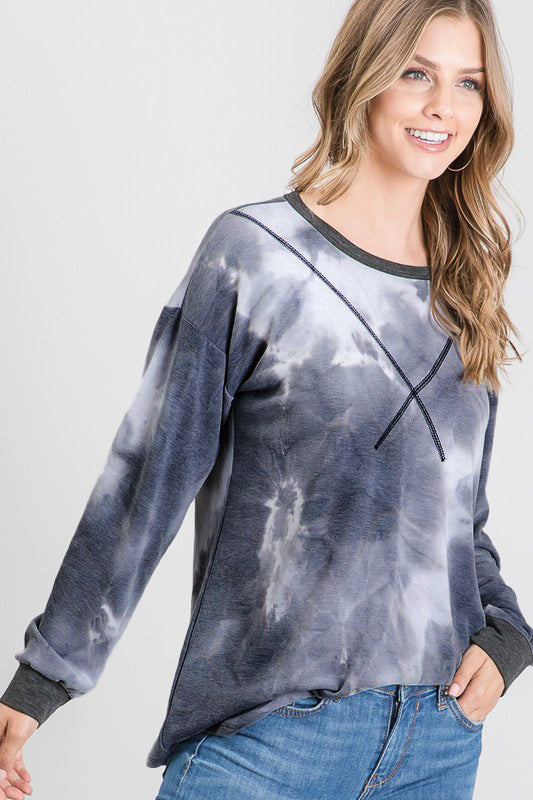 Charcoal Tie-Dye Long Sleeve Top - Cozy with Accent Cuffs and Neckline