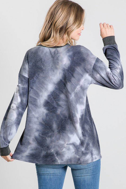 Charcoal Tie-Dye Long Sleeve Top - Cozy with Accent Cuffs and Neckline
